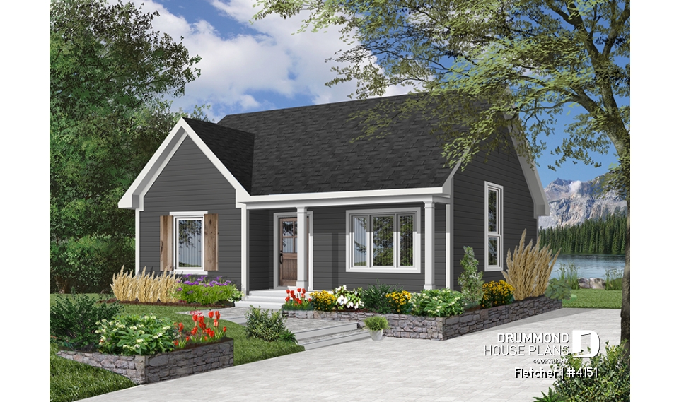 Color version 4 - Front - Small and affordable bungalow house plan, 2 bedrooms, cathedral ceiling, closed foyer - Fletcher