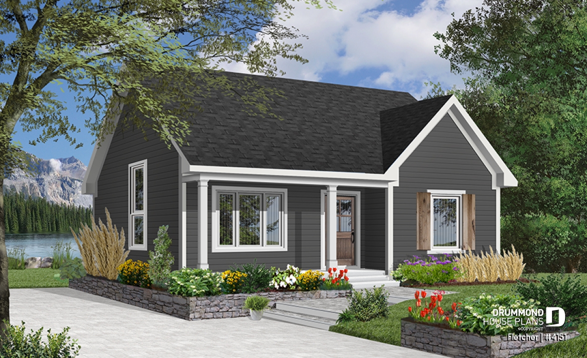 Color version 4 - Front - Small and affordable bungalow house plan, 2 bedrooms, cathedral ceiling, closed foyer - Fletcher
