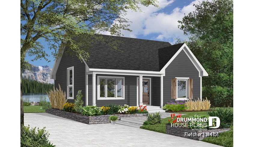 Color version 4 - Front - Small and affordable bungalow house plan, 2 bedrooms, cathedral ceiling, closed foyer - Fletcher