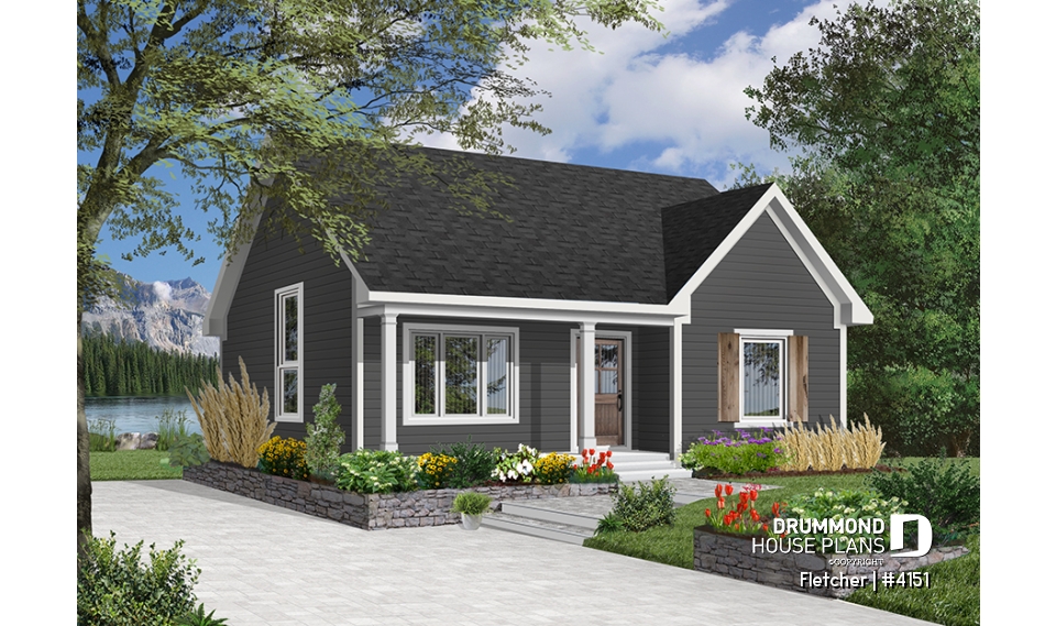 Color version 4 - Front - Small and affordable bungalow house plan, 2 bedrooms, cathedral ceiling, closed foyer - Fletcher
