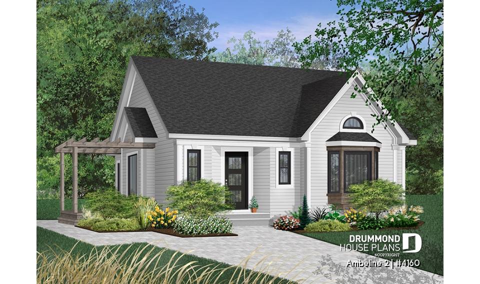 front - BASE MODEL - Economical 2 bedroom one-story home, 2 bedrooms, unfinished basement, pergola, cathedral ceiling - Ambeline 2
