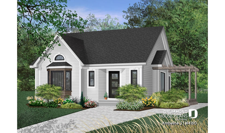 front - BASE MODEL - Economical 2 bedroom one-story home, 2 bedrooms, unfinished basement, pergola, cathedral ceiling - Ambeline 2
