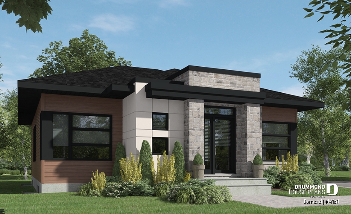 front - BASE MODEL - One-story modern style 2 bedroom home with central fireplace,kitchen with pantry and large central island  - Bernard