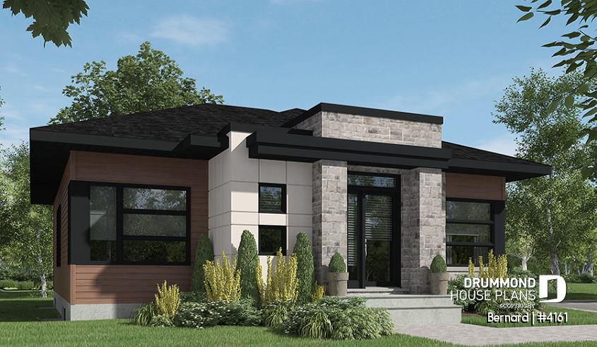 front - BASE MODEL - One-story modern style 2 bedroom home with central fireplace,kitchen with pantry and large central island  - Bernard