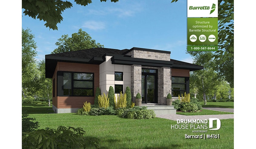 front - BASE MODEL - One-story modern style 2 bedroom home with central fireplace,kitchen with pantry and large central island  - Bernard