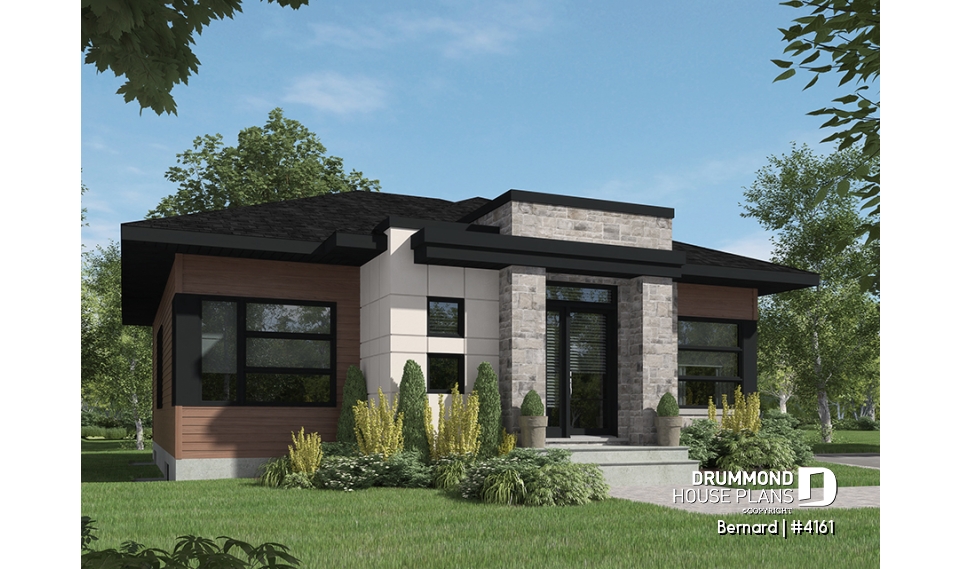 front - BASE MODEL - One-story modern style 2 bedroom home with central fireplace,kitchen with pantry and large central island  - Bernard