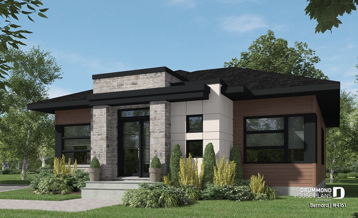 front - BASE MODEL - One-story modern style 2 bedroom home with central fireplace,kitchen with pantry and large central island  - Bernard