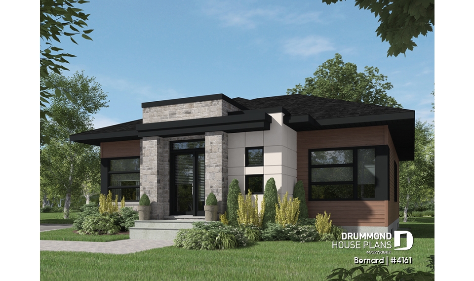 front - BASE MODEL - One-story modern style 2 bedroom home with central fireplace,kitchen with pantry and large central island  - Bernard