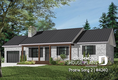 front - BASE MODEL - Affordable 3 bedroom bungalow house plan with kitchen island and garage - Prairie Song 2