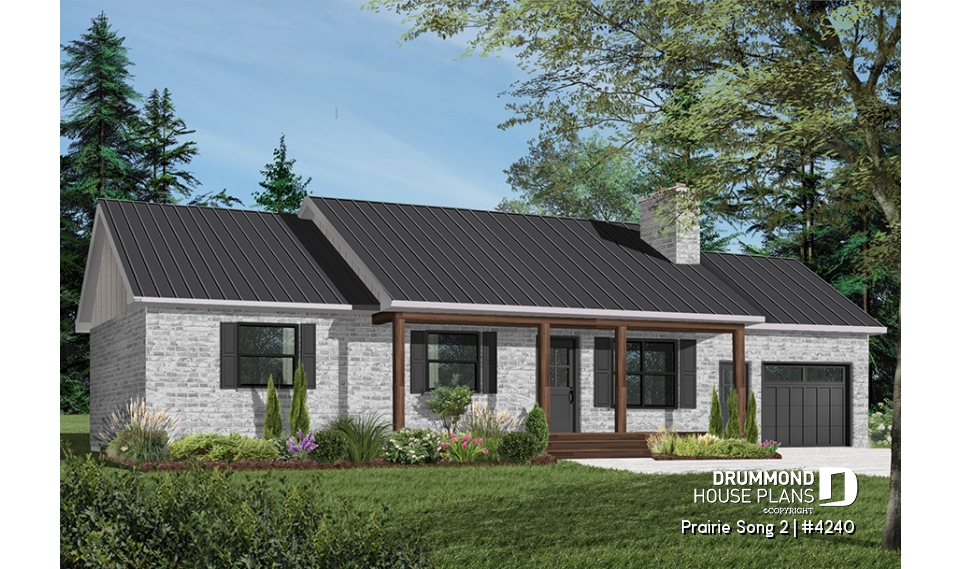 front - BASE MODEL - Affordable 3 bedroom bungalow house plan with kitchen island and garage - Prairie Song 2
