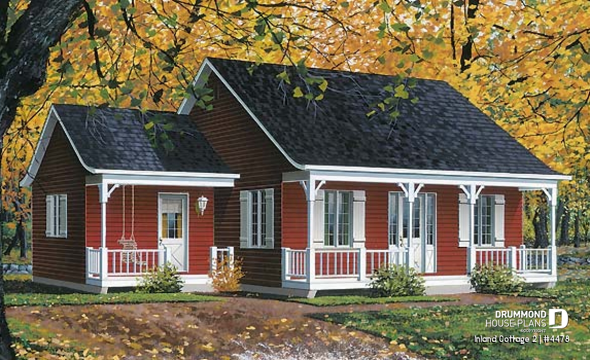 front - BASE MODEL - Ranch style bungalow, low-building costs, 2 bedrooms, ideal starter home, front covered porch - Inland Cottage 2