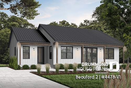 front - BASE MODEL - 2 bedrooms, 2 bathrooms, economical modern ranch style house plan with covered rear balcony, open space - Beauford 2