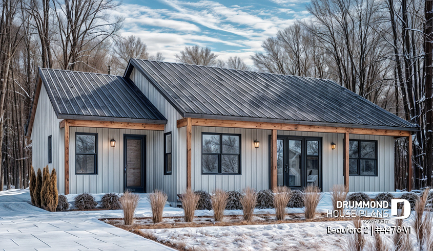 front - BASE MODEL - 2 bedrooms, 2 bathrooms, economical modern ranch style house plan with covered rear balcony, open space - Beauford 2