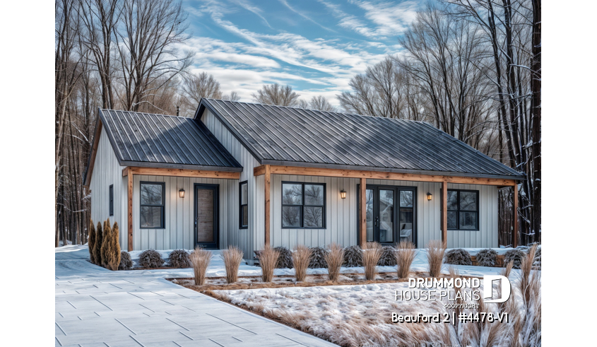 front - BASE MODEL - 2 bedrooms, 2 bathrooms, economical modern ranch style house plan with covered rear balcony, open space - Beauford 2