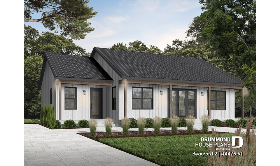 front - BASE MODEL - Farmhouse Bungalow Plan with Cathedral Ceiling and Covered Terrace - Beauford 2