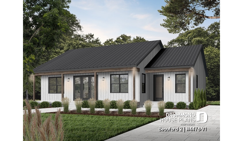 front - BASE MODEL - 2 bedrooms, 2 bathrooms, economical modern ranch style house plan with covered rear balcony, open space - Beauford 2