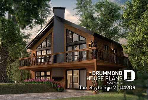front - BASE MODEL - Ski chalet house plan with master on main level, 2 living rooms, 3 bedrooms, walkout basement, fireplaces - The  Skybridge 2