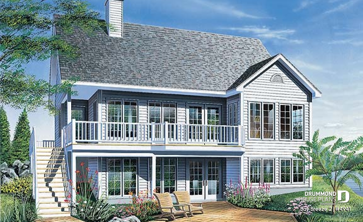 Rear view - BASE MODEL - Traditional walkout bungalow house plan with lots of natural light and great deck, unfinished walkout basement - Bay Breeze 2