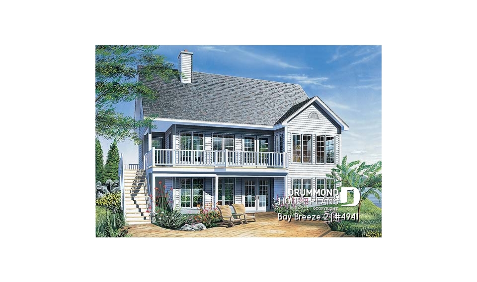 Rear view - BASE MODEL - Traditional walkout bungalow house plan with lots of natural light and great deck, unfinished walkout basement - Bay Breeze 2