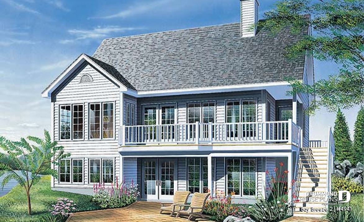 Rear view - BASE MODEL - Traditional walkout bungalow house plan with lots of natural light and great deck, unfinished walkout basement - Bay Breeze 2