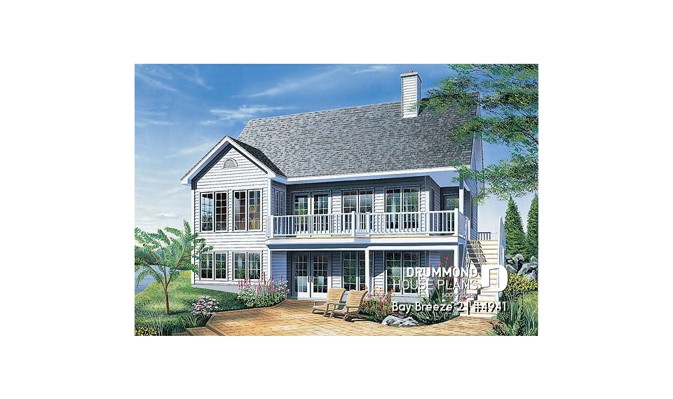 Rear view - BASE MODEL - Traditional walkout bungalow house plan with lots of natural light and great deck, unfinished walkout basement - Bay Breeze 2