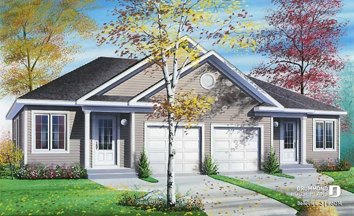 front - BASE MODEL - Duplex house plan with 2 bedroom, one-car garage, affordable construction costs. - Belleview 3