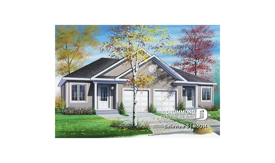 front - BASE MODEL - Duplex house plan with 2 bedroom, one-car garage, affordable construction costs. - Belleview 3