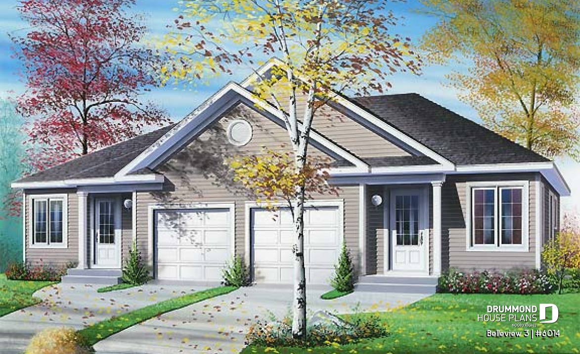 front - BASE MODEL - Duplex house plan with 2 bedroom, one-car garage, affordable construction costs. - Belleview 3