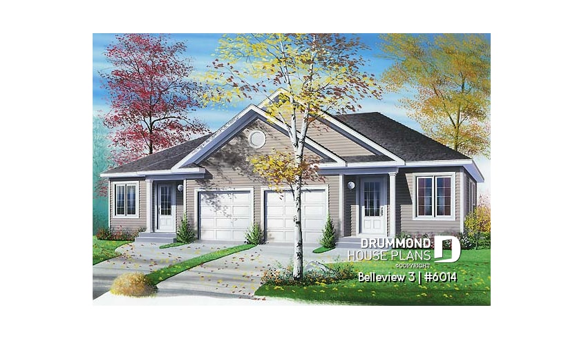 front - BASE MODEL - Duplex house plan with 2 bedroom, one-car garage, affordable construction costs. - Belleview 3