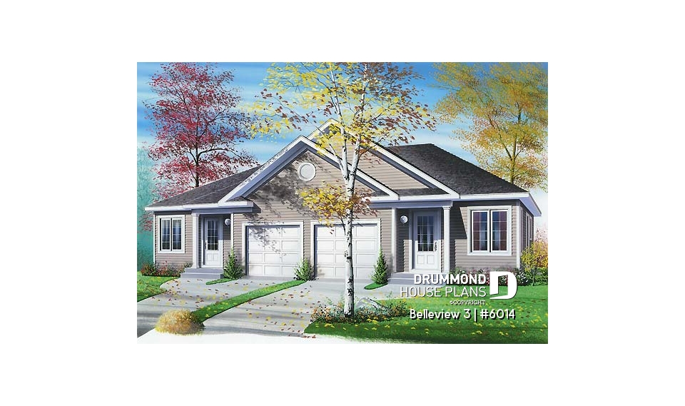 front - BASE MODEL - Duplex house plan with 2 bedroom, one-car garage, affordable construction costs. - Belleview 3