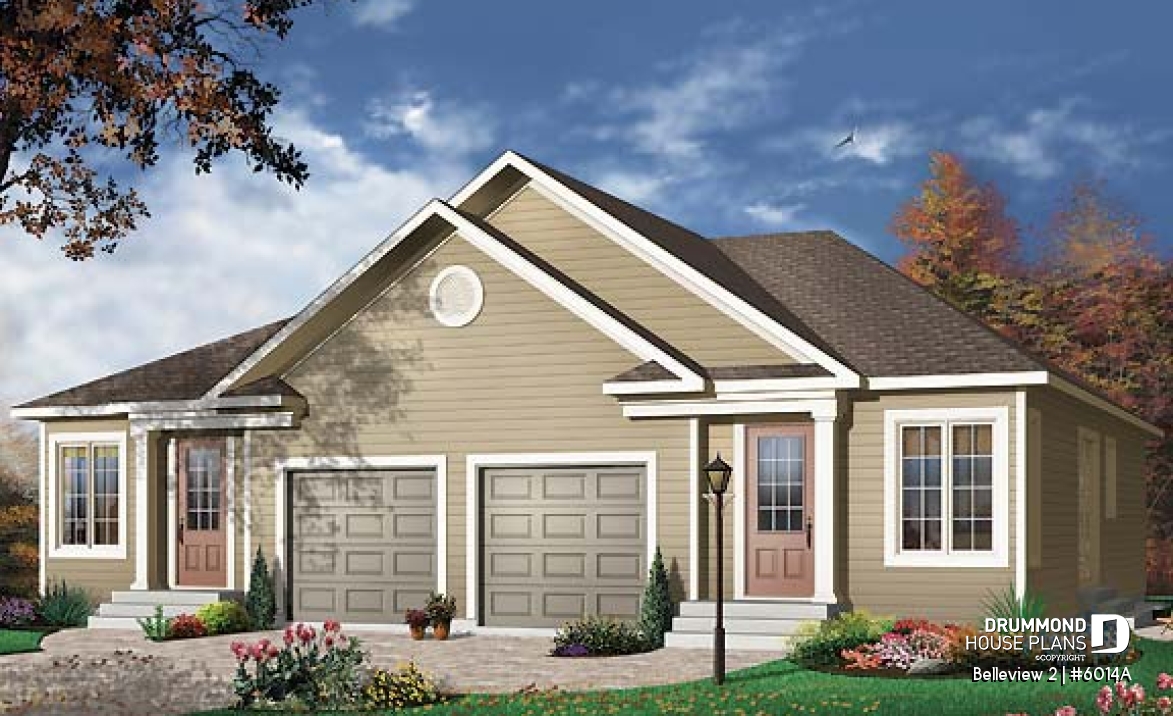 front - BASE MODEL - Duplex house plan with 2 bedroom, one-car garage, affordable construction costs. - Belleview 2