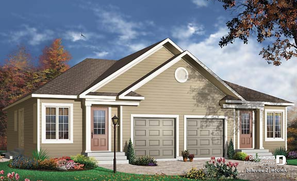 front - BASE MODEL - Duplex house plan with 2 bedroom, one-car garage, affordable construction costs. - Belleview 2