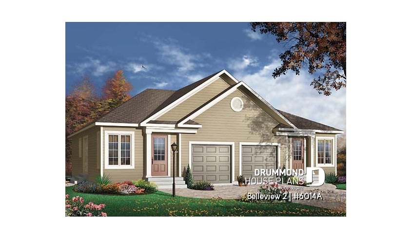 front - BASE MODEL - Duplex house plan with 2 bedroom, one-car garage, affordable construction costs. - Belleview 2