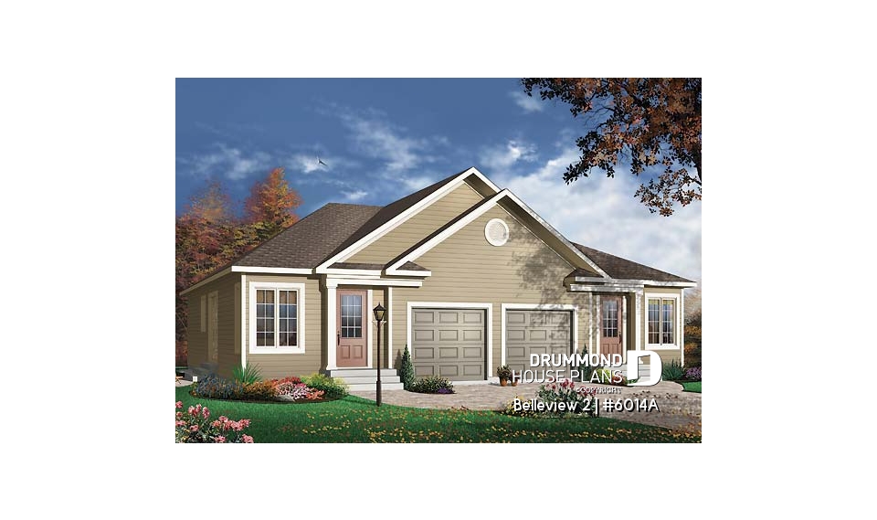 front - BASE MODEL - Duplex house plan with 2 bedroom, one-car garage, affordable construction costs. - Belleview 2