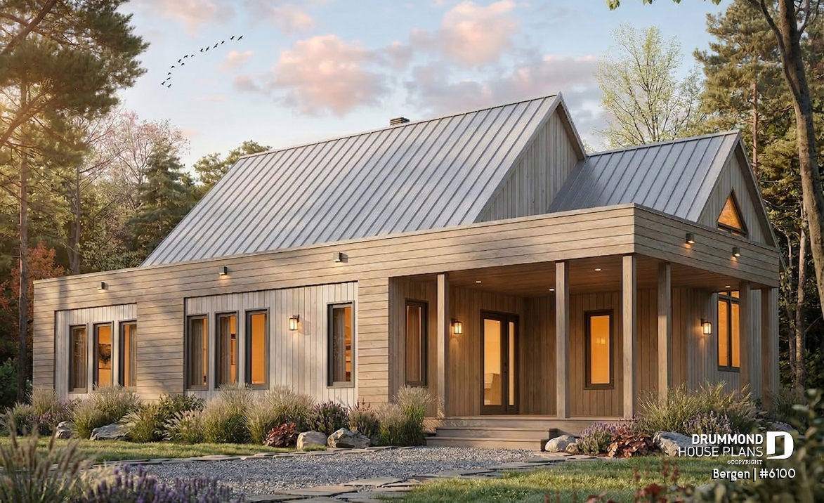 Color version 1 - Front - Scandinavian one-story house plan, lots of natural light, cathedral ceiling, laundry on main floor, storage - Bergen