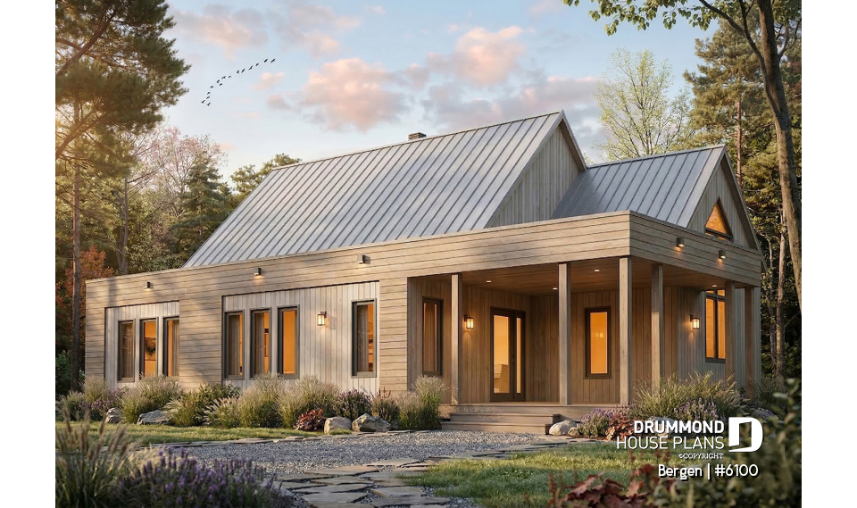 Color version 1 - Front - Scandinavian one-story house plan, lots of natural light, cathedral ceiling, laundry on main floor, storage - Bergen