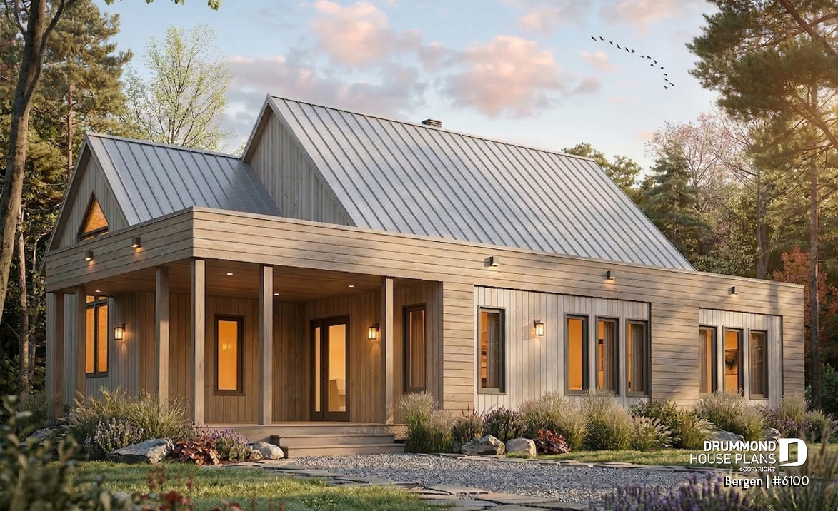 Color version 1 - Front - Scandinavian one-story house plan, lots of natural light, cathedral ceiling, laundry on main floor, storage - Bergen