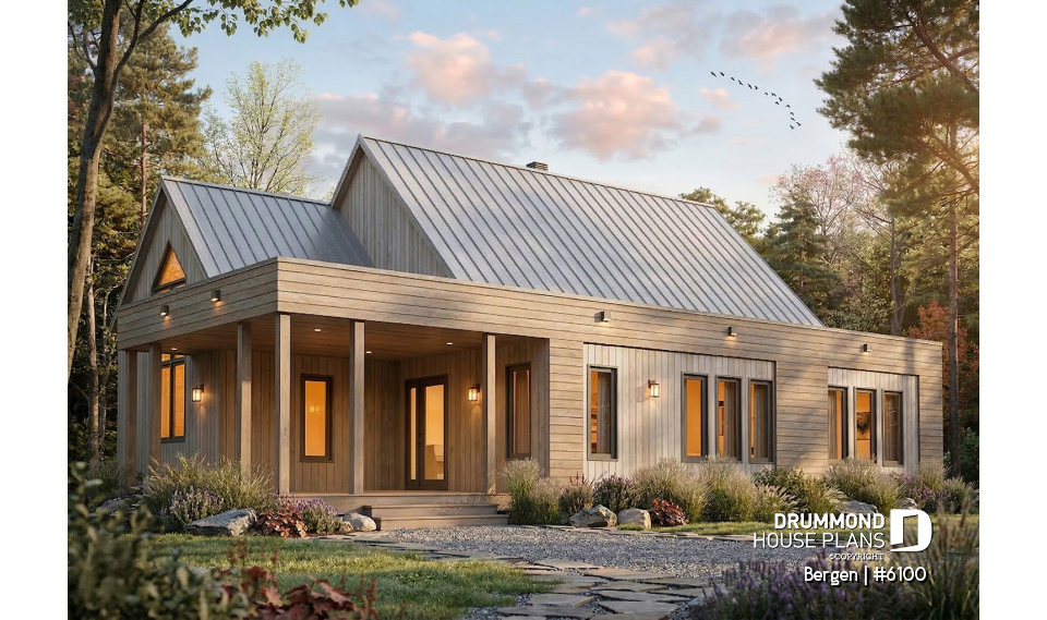 Color version 1 - Front - Scandinavian one-story house plan, lots of natural light, cathedral ceiling, laundry on main floor, storage - Bergen