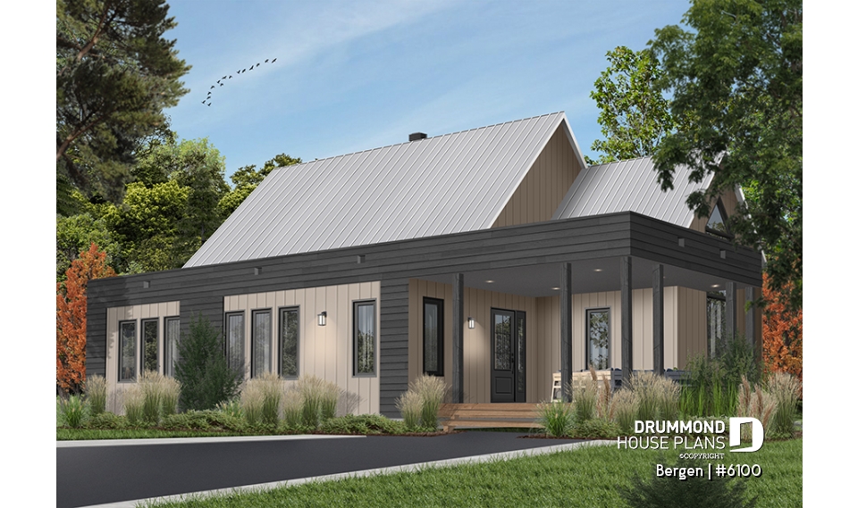 Color version 4 - Front - Scandinavian one-story house plan, lots of natural light, cathedral ceiling, laundry on main floor, storage - Bergen