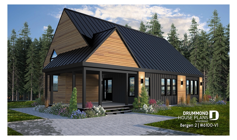 front - BASE MODEL - 2 bedroom modern rustic house plan, cathedral ceiling, large covered terrace, unfinished basement - Bergen 2