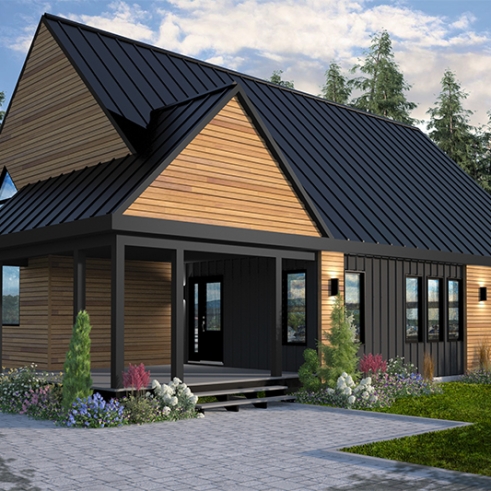 front - BASE MODEL - 2 bedroom modern rustic house plan, cathedral ceiling, large covered terrace, unfinished basement - Bergen 2