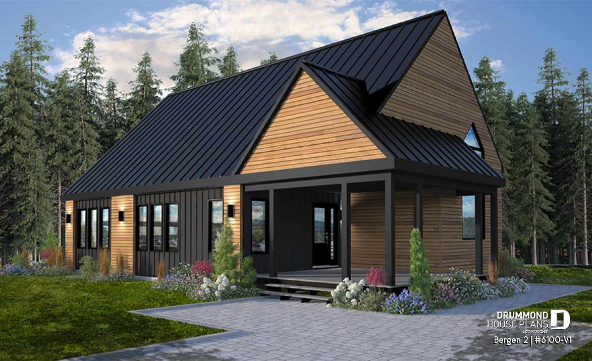 front - BASE MODEL - 2 bedroom modern rustic house plan, cathedral ceiling, large covered terrace, unfinished basement - Bergen 2