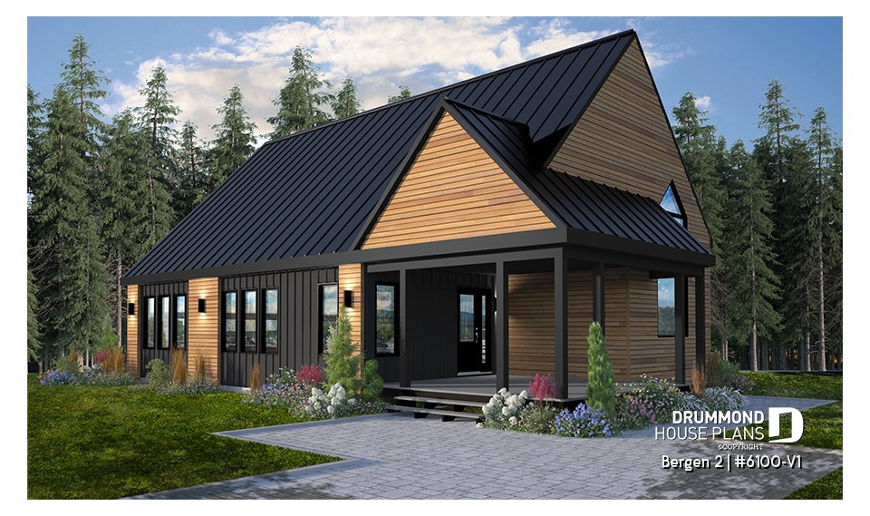 front - BASE MODEL - 2 bedroom modern rustic house plan, cathedral ceiling, large covered terrace, unfinished basement - Bergen 2