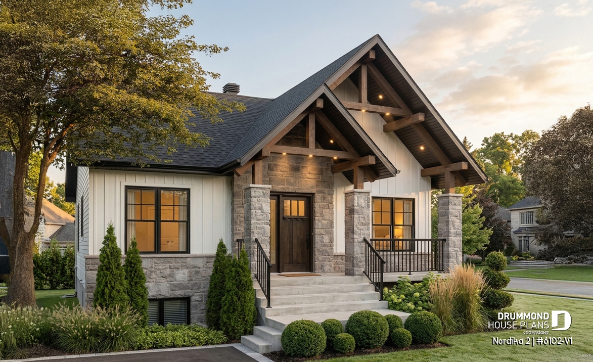 front - BASE MODEL - Compact Modern Rustic Home Plan with 2–4 Bedrooms, Open Living Space and Covered Porch - Nordika 2