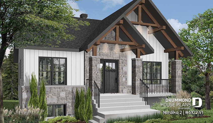 front - BASE MODEL - Small craftsman home plan, 2+ bedrooms, large kitchen with pantry, laundry on main - Nordika 2