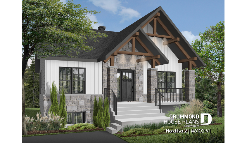 front - BASE MODEL - Small craftsman home plan, 2+ bedrooms, large kitchen with pantry, laundry on main - Nordika 2