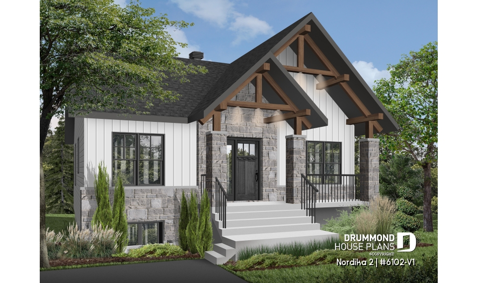 front - BASE MODEL - Compact Modern Rustic Home Plan with 2–4 Bedrooms, Open Living Space and Covered Porch - Nordika 2