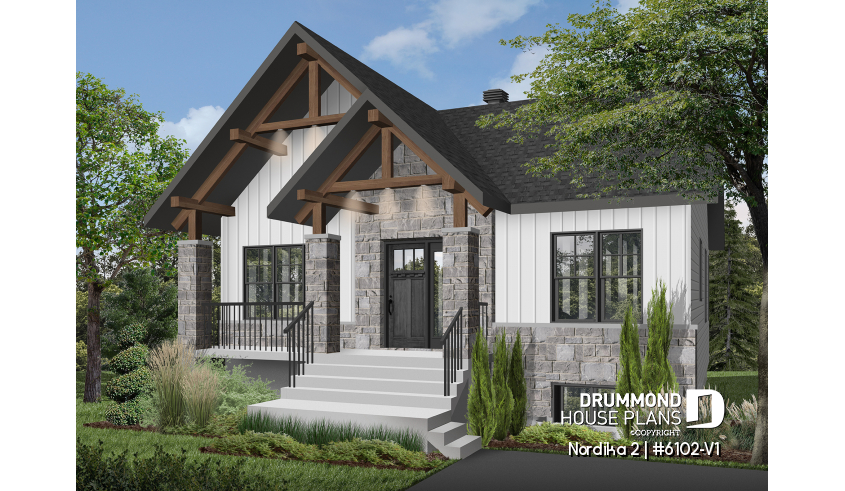 front - BASE MODEL - Small craftsman home plan, 2+ bedrooms, large kitchen with pantry, laundry on main - Nordika 2