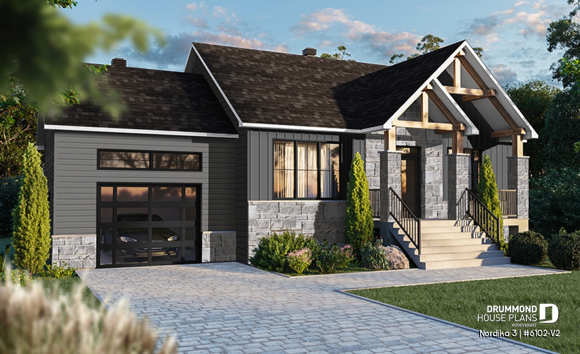 front - BASE MODEL - 2 bedroom ranch style house plan with garage, pantry, kitchen island and open floor plan concept - Nordika 3