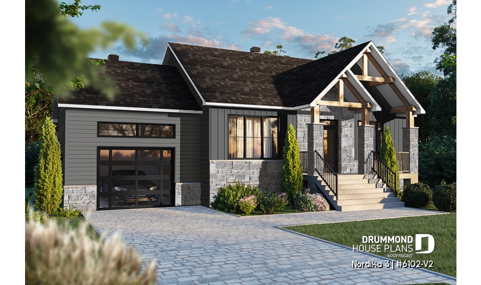 front - BASE MODEL - 2 bedroom ranch style house plan with garage, pantry, kitchen island and open floor plan concept - Nordika 3